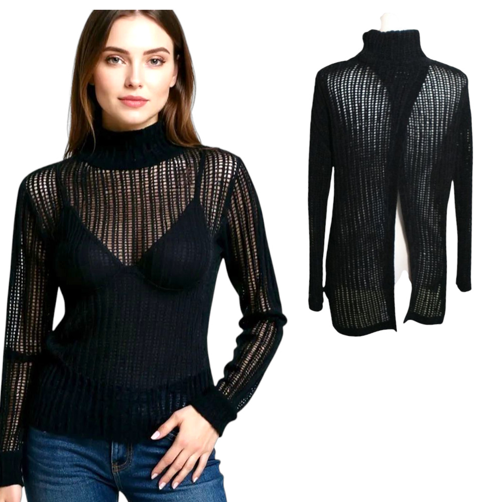 Elie Tahari Open Knit Sweater Women's Sz XS Black Sheer Spilt  Back Pullover Top